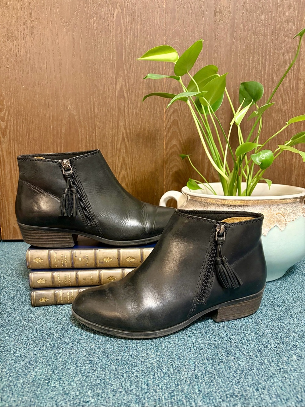 Black Leather Clarks Women's Ankle Boots with Side Tassel Zipper